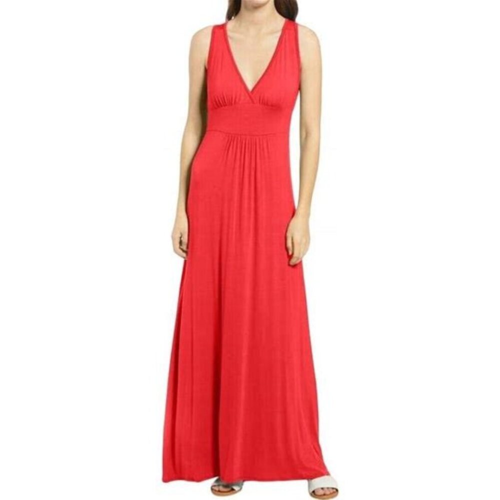 Loveappella V-Neck Jersey Maxi Dress In Red Lipstick Size